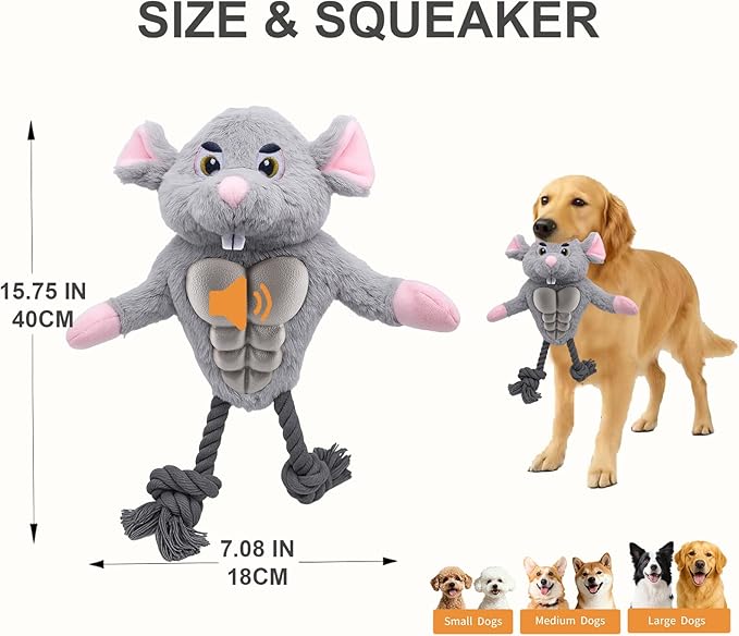 Muscle Mouse Dog Toy for Medium & Large Dogs – Plush Dog Toy with Squeaky Rubber Chest & Rope Legs, Designed for Tug, Fetch & Chewing | for Pet Use Only