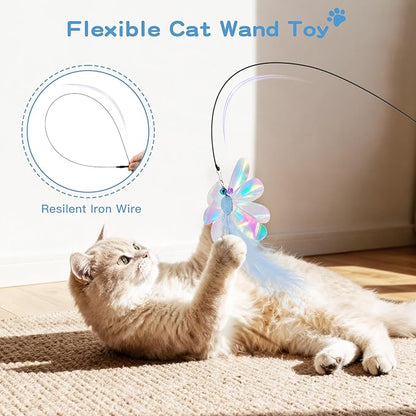 Pawaboo Feather Teaser Cat Toy, Interactive Feather Wand Cats Toy Flying Feathers Cat Catcher with Extra Long 34.5" Wand and Small Bell, Exerciser Playing Toys for Kitten or Cats, Blue Butterfly