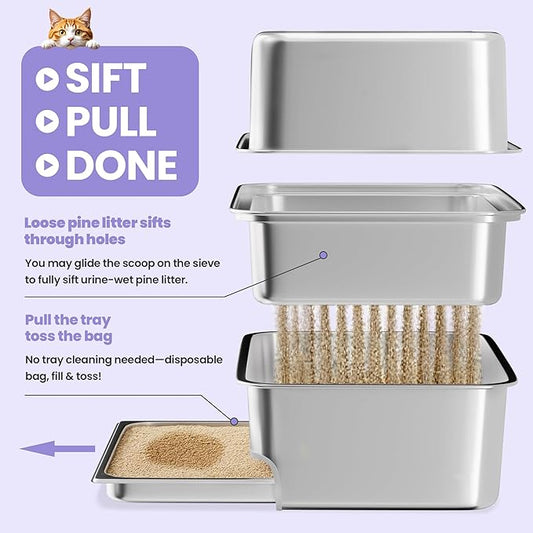 Stainless Steel Sifting Litter Box with Lid for Pine Pellets,Extra Large XL Pellet Litter Box Sifter with Removable Drawer Pan for Big Cats,Metal Litter Sifting Pan 23.5" x 15.7" x 8"