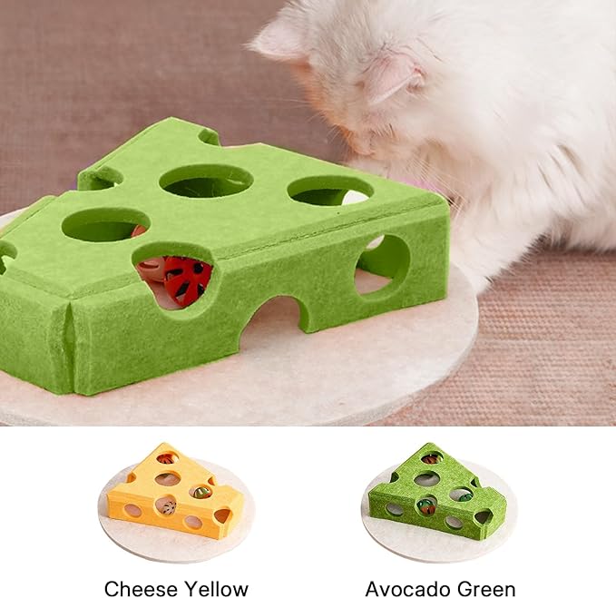 Cat Puzzle Toy with 3 Track Balls, Cheese Play Box for Indoor Kittens Treat Feeding, Fun Maze Game for Indoor Cats Boredom Relief & Exercise (Avocado Green)