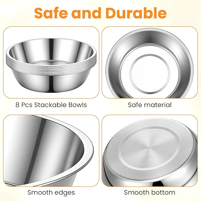 8 Pcs Large Stainless Steel Dog Bowls, 56Oz Metal Pet Food and Water Bowls, Dishwasher Safe and Easy to Clean, for Small Medium Large Dogs, Silver
