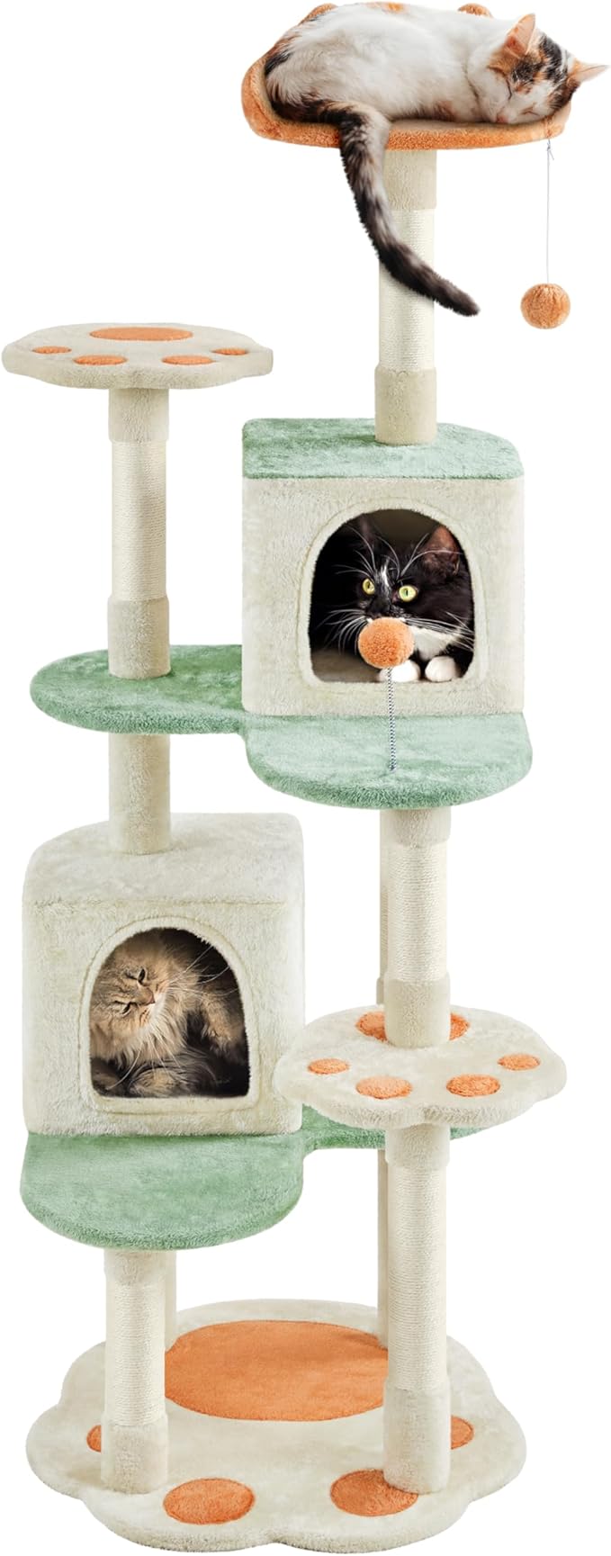 Yaheetech 65in Cat Tree, Cat Tower with Heart-Shaped Platform, Hanging Ball, Double Condos, Scratching Posts for Indoor Cats, Cat Climbing Frame Bed Furniture, Beige & Green & Orange
