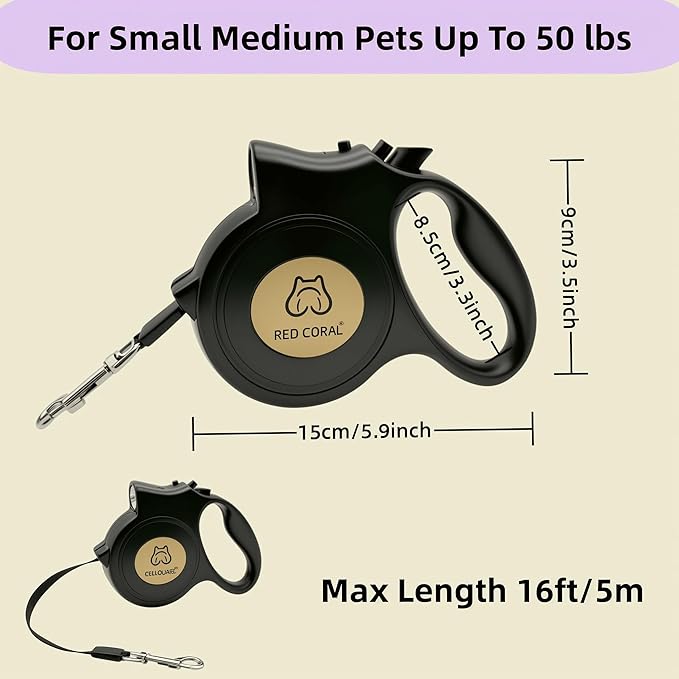LED Light Retractable Dog Leash for Small to Medium Dogs – 16ft Extendable for Safe Night Walks (Black)