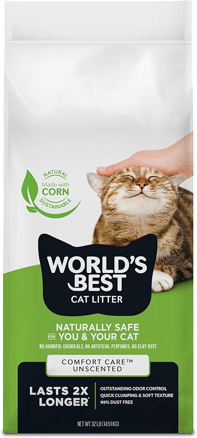 WORLD'S BEST CAT LITTER Comfort Care Unscented, 32-Pounds - Natural Ingredients, Quick Clumping, Flushable, 99% Dust Free & Made in USA - Long-Lasting Odor Control & Easy Scooping