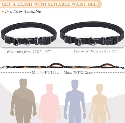 VIVAGLORY Hands Free Dog Leash Bungeetwin Running Dog Leash with Waist Belt for Running Walking & Jogging, Bungee & Around Waist for Pet, M, Black/Orange