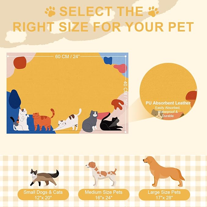 BLESWIN Pet Feeding Mats 16"x24", Water Absorbing Mat for Dog Bowl, Water Bowl Mat for Dogs Waterproof, Non Slip Mat for Dogs, Dog Water Bowl Mat for Messy Drinkers, Cat Mat for Food and Water, Cat