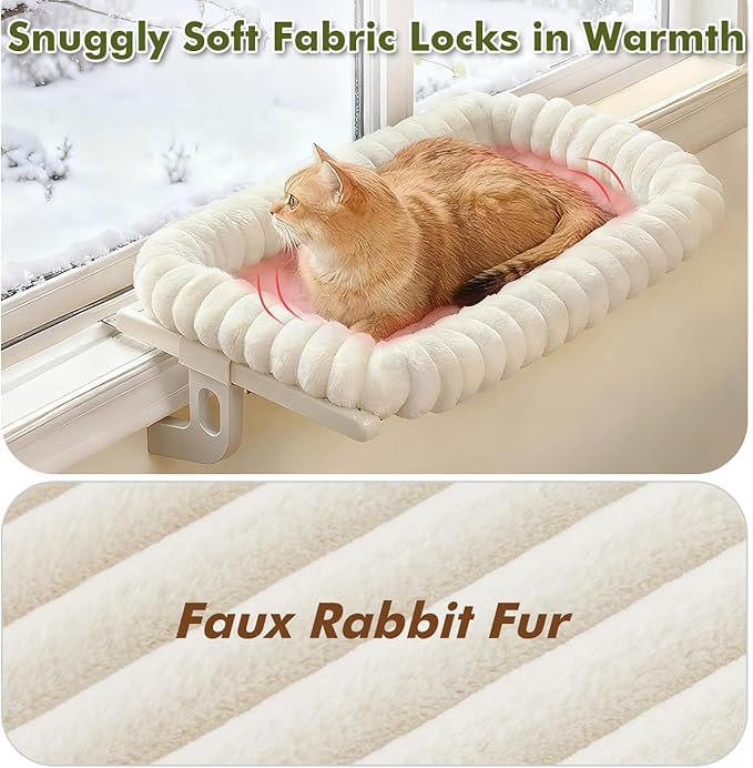 Cloud-Cuddle Cat Window Perch with 4-Sided Bolster, Zipper Design Cushion Window Seat for Window Sill, Sturdy Metal Frame & Easy Assembly Pet Hammock Bed for Indoor Cats (White, Medium)