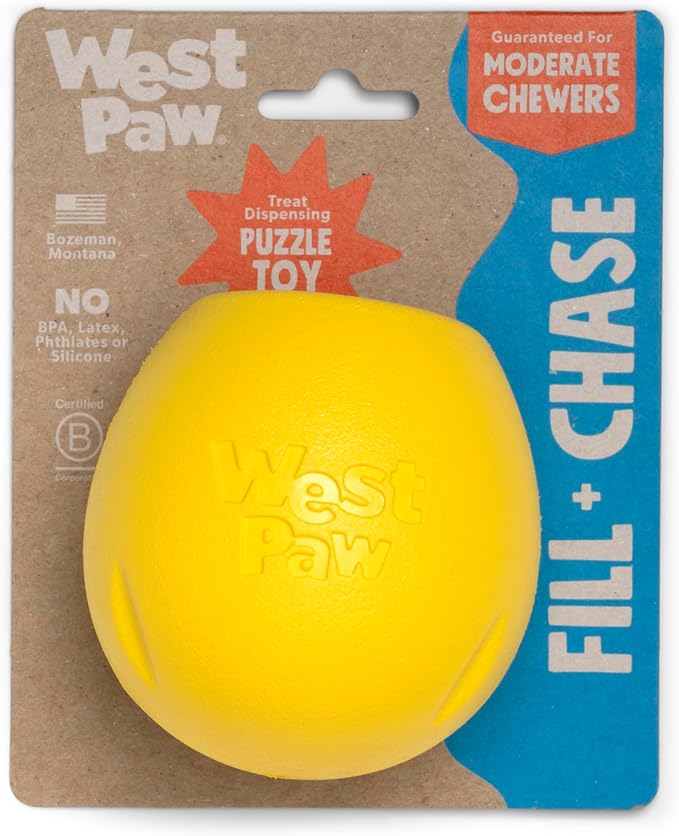 WEST PAW Zogoflex Rumbl Treat-Dispensing Dog Toy – Interactive Slow-Feeder Chew – Enrichment Toy Moderate Chewers, Fetch, Catch – Holds Kibble, (Dandelion Yellow, Small)