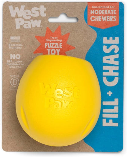 WEST PAW Zogoflex Rumbl Treat-Dispensing Dog Toy – Interactive Slow-Feeder Chew – Enrichment Toy Moderate Chewers, Fetch, Catch – Holds Kibble, (Dandelion Yellow, Small)