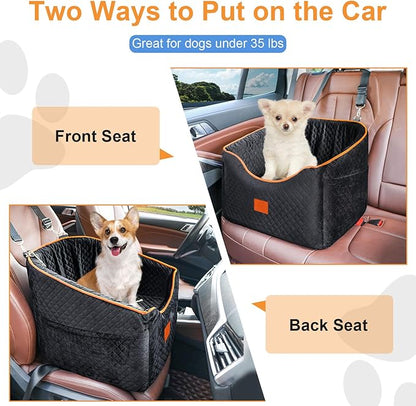 XIEEAOZEE Dog Car Seat for Small Dogs, Memory Foam Booster Dog Seat for Dogs up to 35 lbs, Elevated Pet Car Seat with Washable Removable Cover, Storage Pockets (Black)