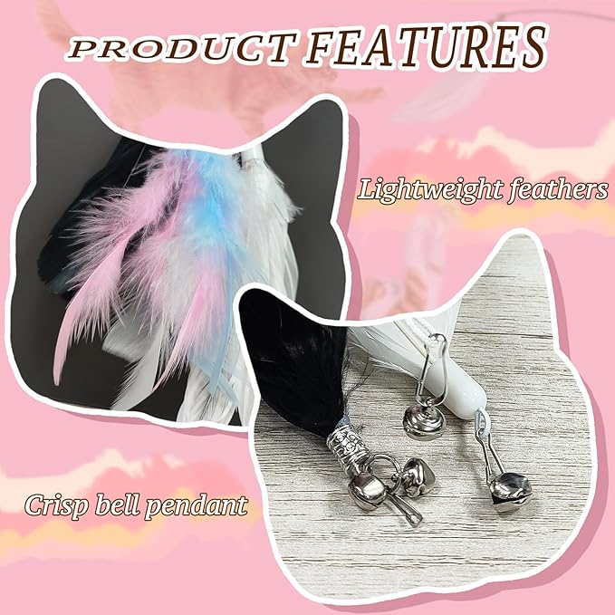 BOROLA 3 PCS Cat Feather Teaser Replacement Heads, Cats Wand Replacement Feathers with Bell, Interactive Cat Toy Attachments for Indoor Cats, DIY Cat Accessories(White, Black, Multi-Colored)