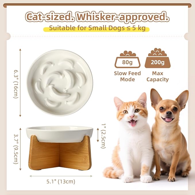 Elevated Slow Feeder Cat Bowl - Ceramic Cat Food Dish with Anti-Slip Bamboo Stand - Whisker Friendly Feeding Bowl - Raised Maze Plate for Slow Down Eating - Ivory White