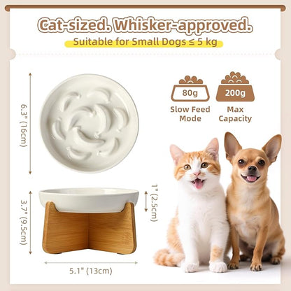 Elevated Slow Feeder Cat Bowl - Ceramic Cat Food Dish with Anti-Slip Bamboo Stand - Whisker Friendly Feeding Bowl - Raised Maze Plate for Slow Down Eating - Ivory White