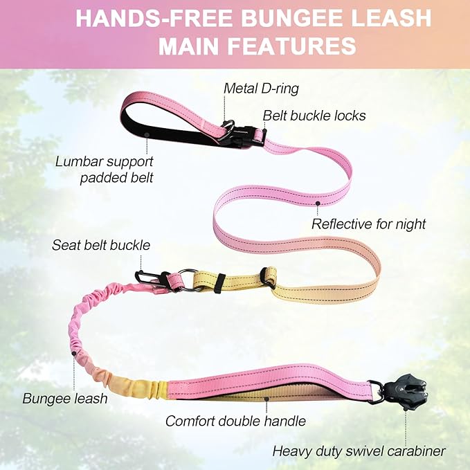 Heavy Duty Hands Free Dog Leash with Quick Release Carabiner and Adjustable No Pull Bungee Dog Running Waist Leash，for Walking and Training with Car Seat Belt 4-6FT (Pinkish Yellow)