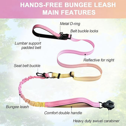 Heavy Duty Hands Free Dog Leash with Quick Release Carabiner and Adjustable No Pull Bungee Dog Running Waist Leash，for Walking and Training with Car Seat Belt 4-6FT (Pinkish Yellow)