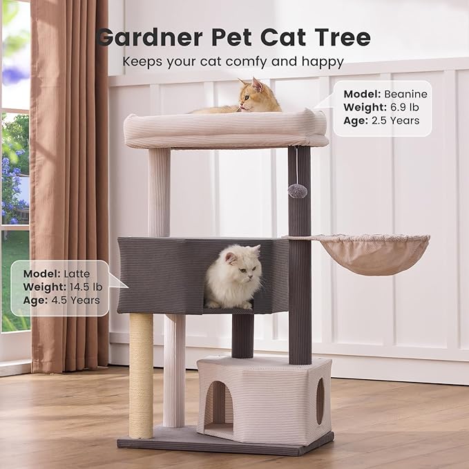 Gardner Pet 41" Cat Tree Corduroy for Medium-Large Cats, Heavy Duty Cat Trees Towers with 2.8in Posts & Washable Top Perches, Easy to Assembly