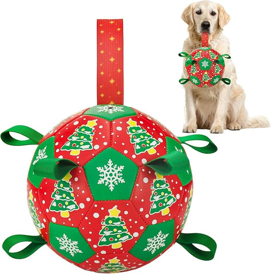 Dog Soccer Toy with Straps - Interactive Ball for Tug of War, Medium Large Dogs - Christmas Xmas Tree Snowflower Pattern