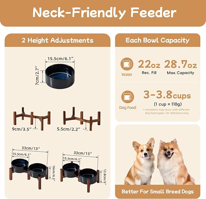 Ceramic 6.1inch Raised Double Dog Bowls Set with Acacia Wood Stand, 2 Heights Elevated, Food & Water Bowls for Small Dogs(28.2oz, Starry Sky)