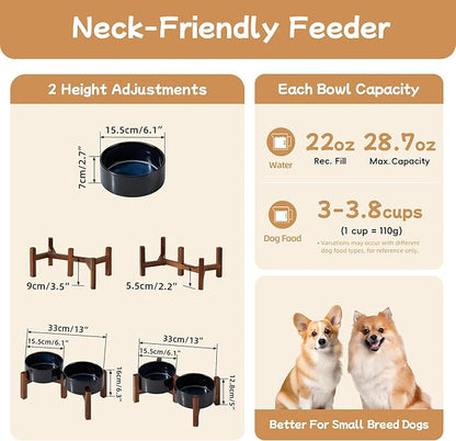 Ceramic 6.1inch Raised Double Dog Bowls Set with Acacia Wood Stand, 2 Heights Elevated, Food & Water Bowls for Small Dogs(28.2oz, Starry Sky)