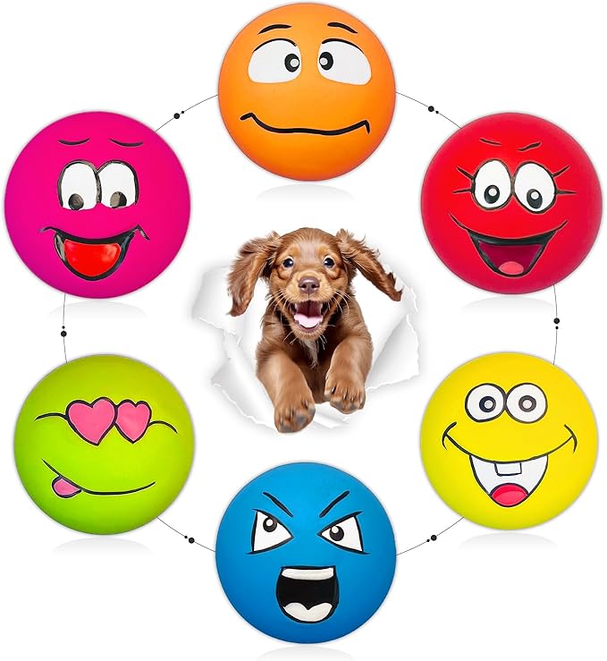 Squeaky Dog Toys for Small and Mini Dogs, Latex Soft Flat Puppy Teething Balls, Colorful Smile Face Interactive Chew Toys