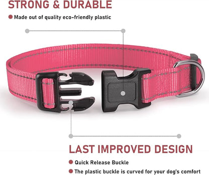 Reflective Dog Collar with Buckle Adjustable Safety Nylon Collars for Small Medium Large Dogs, Light Pink XS
