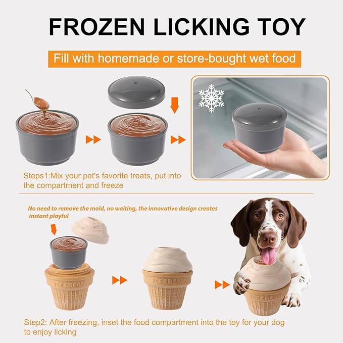 Dog Frozen Treat Toys 2 Pack, 3in1 Enrichment Toys for Dogs in Ice Cream Shape, Long Lasting Treat Dispensing Dog Interactive Toys for Aggressive Chewers to Keep Them Busy