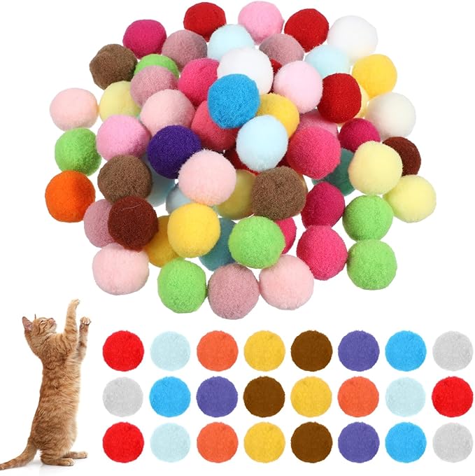 Ouligay 70 PCS Silent Cat Balls 1 Inch Colorful Cat Pom Pom Balls, Cats Toy Ball Soft Interactive Lightweight, Fuzzy Ball for Cats Kitten Toys for Indoor Crafts