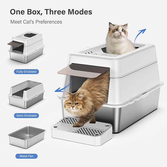 Stainless Steel Litter Box with Lid, XL Extra Large Enclosed Cat Litter Box Fits All Cats Modular Design with Flip Cover, Top Entry Metal High Sided Cat Box & Pedal & Scoop (White)