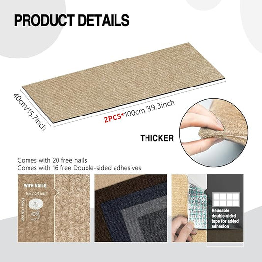 Cat Scratch Mat for Couch, Wall & Cat Tree – 78.7" Trimmable Self-Adhesive Cat Scratcher, Furniture Protector for Cats, Felt Alternative to Sisal, DIY Replacement for Cat Tower, 2 Pack (Khaki)