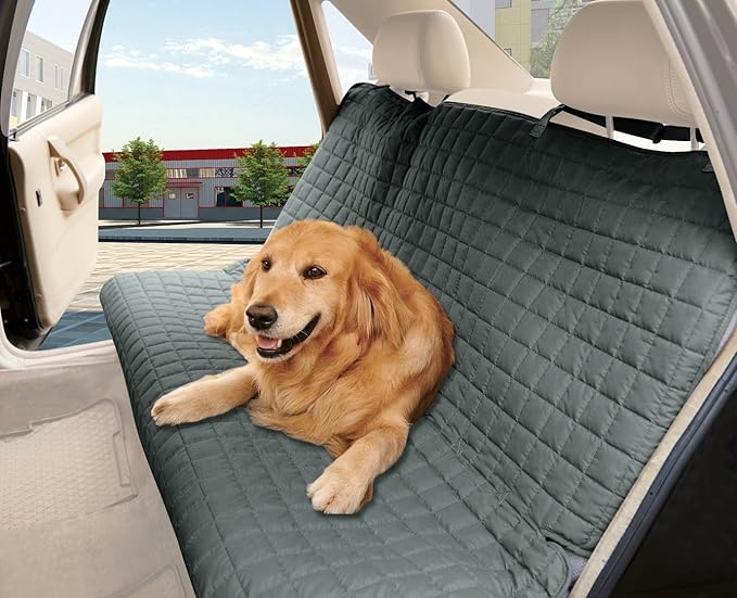 Quilted Design%100 Waterproof Premium Quality Bench Car Seat Protector Cover (Entire Rear Seat) for Pets - Ties to Stop Slipping Off THE Bench, Gray