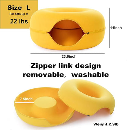 Large Cat Tunnel Bed for Indoor Cats with 3 Toys, Scratch Resistant Donut Cat Bed, Up to 30 Lbs (L 24x24x11, Yellow)