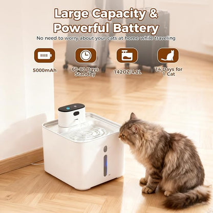 4.2L Pumpless Cat Water Fountain, 5000mAh Battery Operated Cat Fountain, Wireless Pet Water FountainsIndoor, Sensor and Timer Water Modes, Suitable for Cats and Small Dogs Indoor ((142-oz)