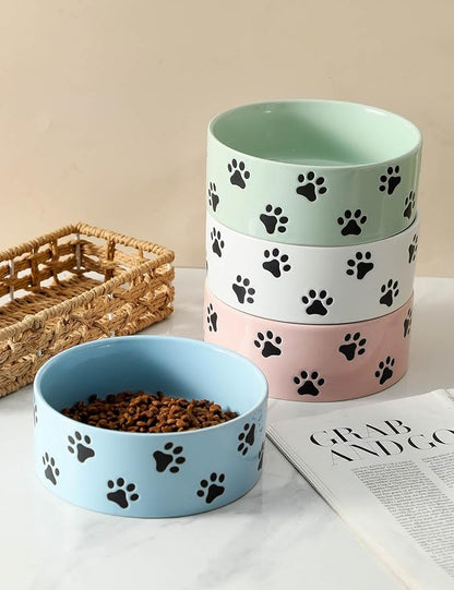 6.5 Inch Blue Ceramic Dog Bowl with Paw Print Pattern - Porcelain Wide Mouth Dog Food or Water Bowls, Large Feeding Pet Bowls for Indoor Medium Sized Dogs, for Wet or Dry Food