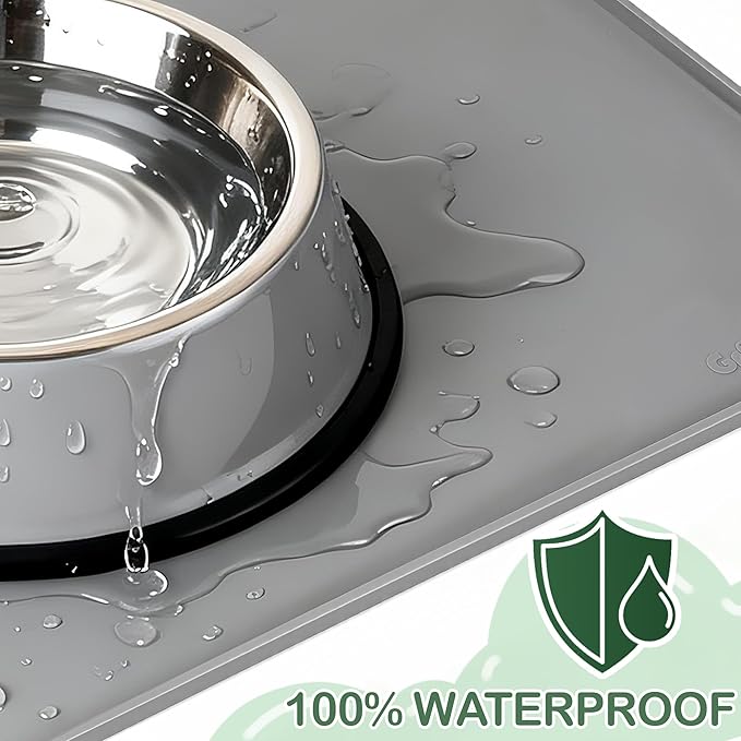 100% Waterproof Silicone Pet Feeding Mat,Warped Resistant Raised Edge BPA-Free Dog Cat Food Mats, Non-Slip Pet Placemat with High Lip to Prevent Spills, Dishwasher Safe, 21.5"x14" Grey