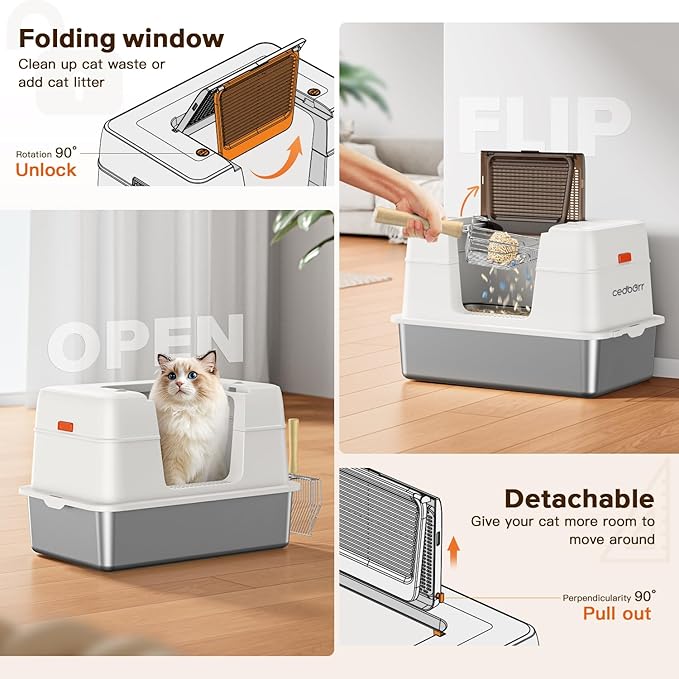 XL Premium Stainless Steel Enclosed Cat Litter Box with Lid, Extra Large Heavy-Duty Metal Litter Box for Big Cats & Multi-Cat Homes|Leak-Proof, Odor-Locking, Non-Stick Surface | Easy Clean (White)