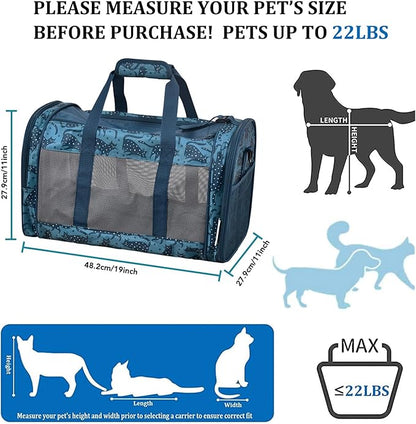 Soft-Sided Kennel Pet Carrier for Small Dogs, Cats, Puppy, Airline Approved Cat Carriers Dog Carrier Collapsible, Travel Handbag & Car Seat (Blue Cat Print, 19" L x 11" W x 11" H)