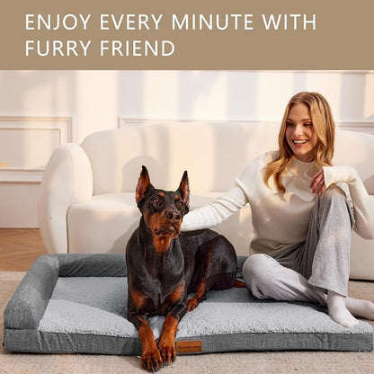 Patas Lague Orthopedic XL Dog Bed Large Sized Dog 48''X30'', Waterproof L Bolster Big Large Pet Sofa Beds with Removable Washable Cover, Soft Comfortable Pet Couch Crate Mat with Nonskid Bottom, Grey