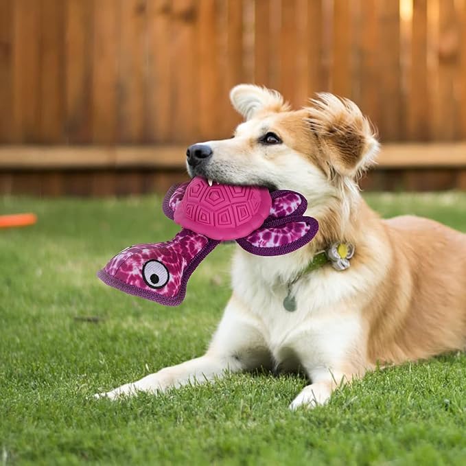 Squeaky Turtle Dog Toy, Treat Dispensing Rubber Ball, Bite Resistant Plush Chew Toy, Interactive Tug & Fetch Enrichment Toy for Medium & Small Breeds, Safe & Engaging for Puppies (Purple)