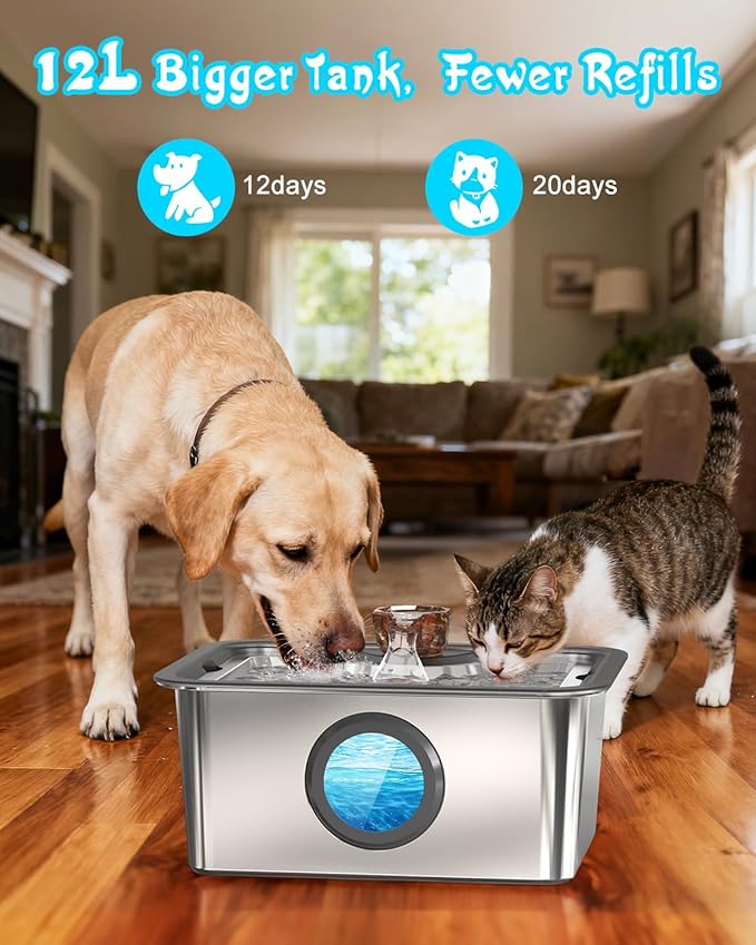 3-Gallon Large Dog Water Fountain with Filter, Stainless Steel Automatic Pet Fountain, Ultra Quiet Pump & Easy-Clean Top for Big Dogs, Cats, Multiple Pets
