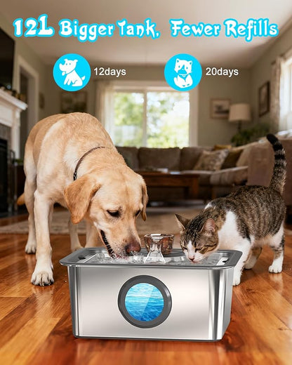 3-Gallon Large Dog Water Fountain with Filter, Stainless Steel Automatic Pet Fountain, Ultra Quiet Pump & Easy-Clean Top for Big Dogs, Cats, Multiple Pets