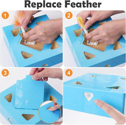 Migipaws Interactive Cat Toy -Migibox Without Popskin, Puzzle Toy for Indoor Bored Cats, Automatic Pop Out Feathers from 7 Holes Randomly, Motion Activated, USB Rechargeable(Blue)