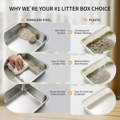 Stainless Steel Cat Litter Box with Lid, Small Enclosed Metal Litter Pan for Kittens & Small Animals, Full Flip Cover Litter Box Include Scoop & Step, Leak Proof Easy Clean Odor Control, Grey