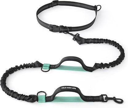 Mile High Life Hands Free Waist Leash for Dog Running Training and Jogging, Adjustable Belt with Double Handle, Reflective Bungee for Medium Large Dogs (Black Teal, 7FT)