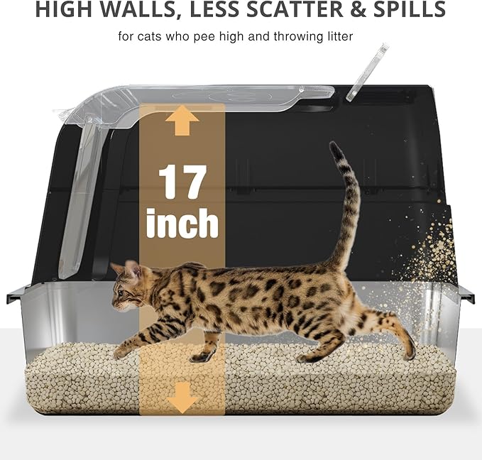 Stainless Steel Cat Litter Box Fully Enclosed, Extra Large Metal High Sided Cat Box with 120° Fully Transparent See-Through Flip Lid, Scoop & Mat - Black - XL