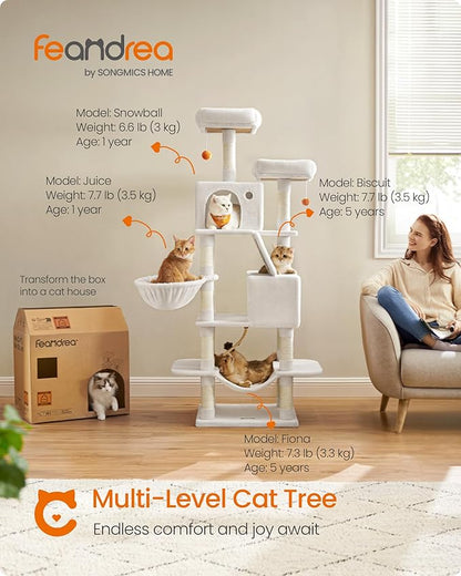 Feandrea Cat Tree, 66.1-Inch Large Cat Tower, Multi-Level Plush Condo with 13 Scratching Posts, 2 Perches, 2 Caves, Basket, Hammock, Pompoms, Cream White UPCT165T01