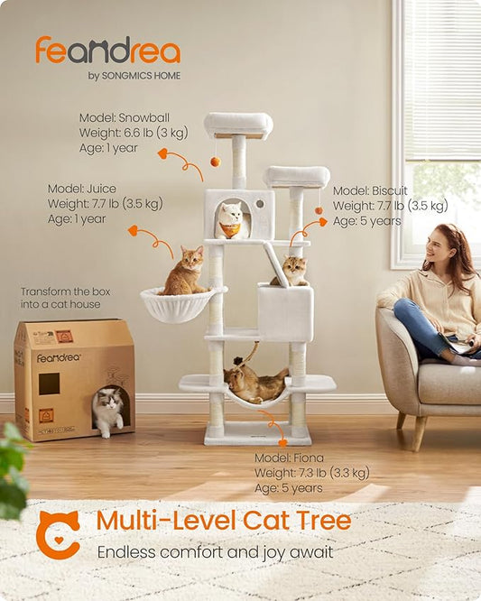 Feandrea Cat Tree, 66.1-Inch Large Cat Tower, Multi-Level Plush Condo with 13 Scratching Posts, 2 Perches, 2 Caves, Basket, Hammock, Pompoms, Cream White UPCT165T01