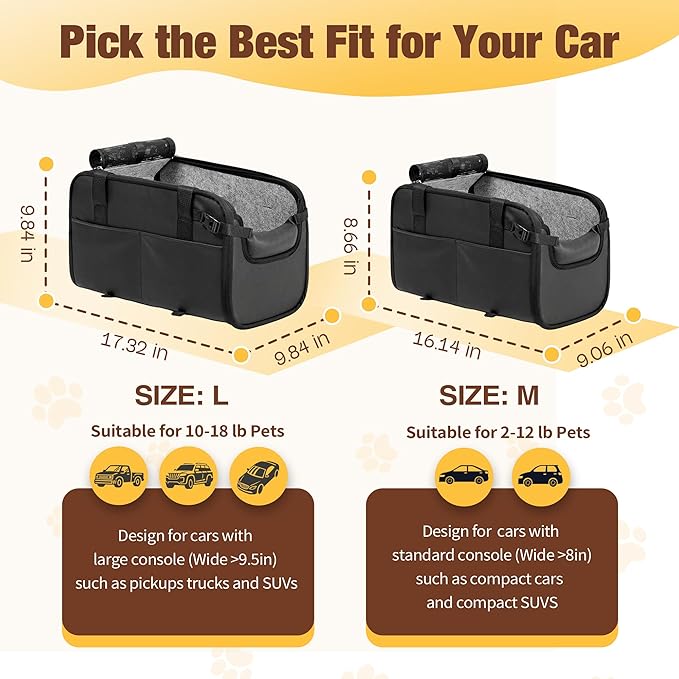 YUDODO 2-12lbs Center Console Dog Car Seat, Anti-Slip Pet Cat Booster Seat for Small Dogs, Portable Puppy Bed Carseat Carrier PU Leather Black