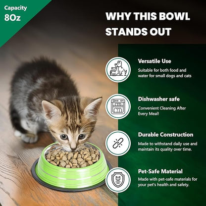 Iconic Pet 1 Cup/8 Oz Elegant Stainless Steel Color Splash Food/Water Bowl with Non Skid, Noise Free, Removable Rubber Ring - Dog/ Cat Feeding Bowl In color shade, Dishwasher Safe - Green, 2 Bowls