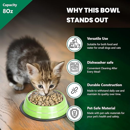 Iconic Pet 1 Cup/8 Oz Elegant Stainless Steel Color Splash Food/Water Bowl with Non Skid, Noise Free, Removable Rubber Ring - Dog/ Cat Feeding Bowl In color shade, Dishwasher Safe - Green, 2 Bowls