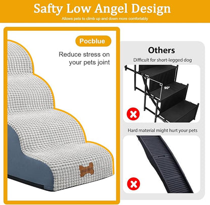 POCBLUE Dog Stairs for Small Dogs 15.7" H, Wide Pet Step for Couch/Sofas/Chairs, Curved Pet Ramps for Small Dogs & Cats with High-Density Foam and Washable Cover, 3-Step, Grey